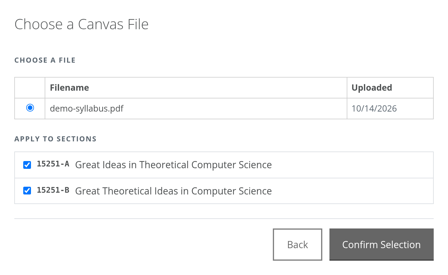 Choosing a Canvas file: a selected PDF and checkboxes for the two sections it applies to, with a Confirm Selection button.
