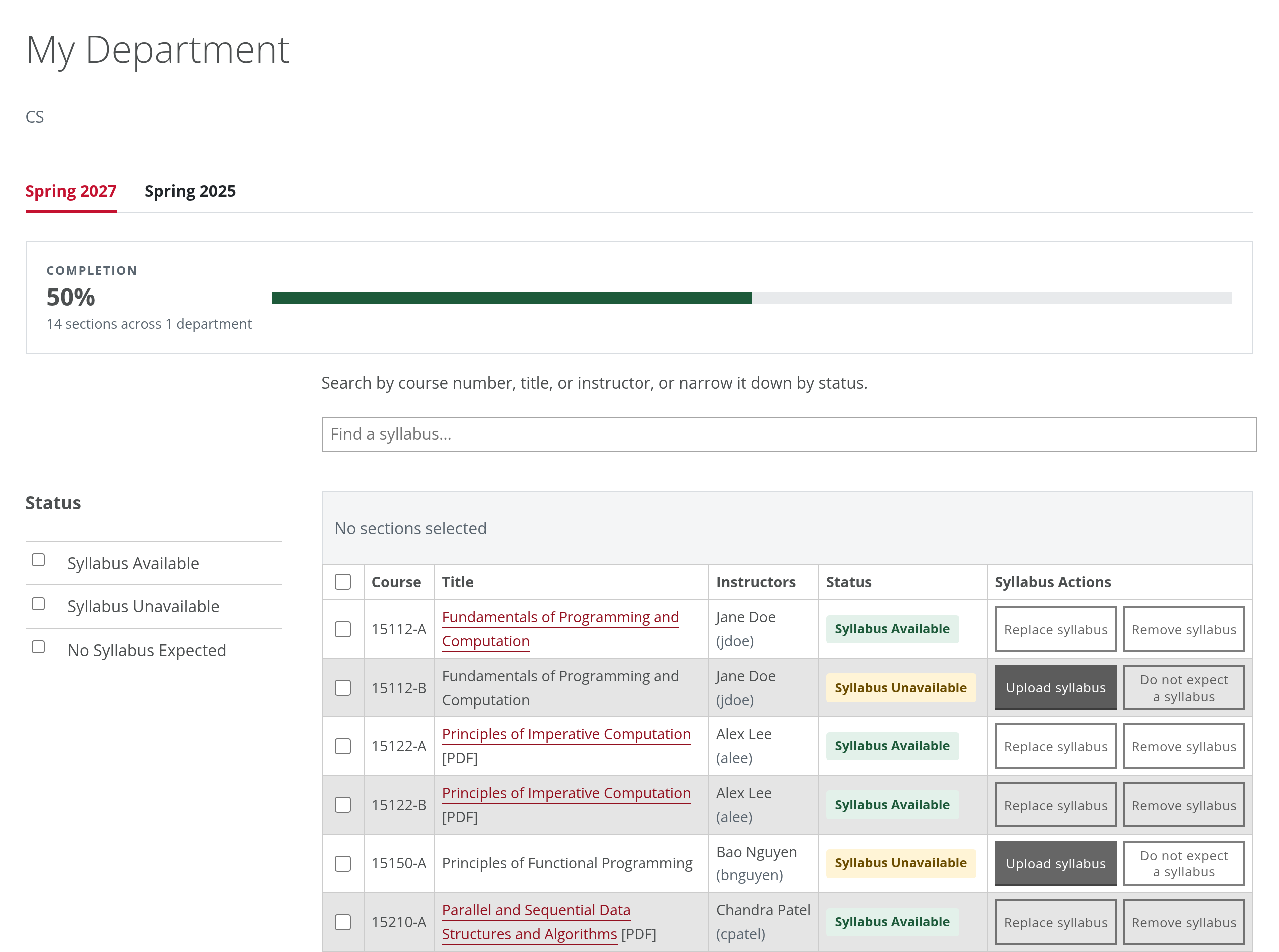 The My Department page: a completion bar at 50 percent, a search box, status filters, and a table of sections with each one's status and buttons to upload, replace, or remove a syllabus or to not expect one.