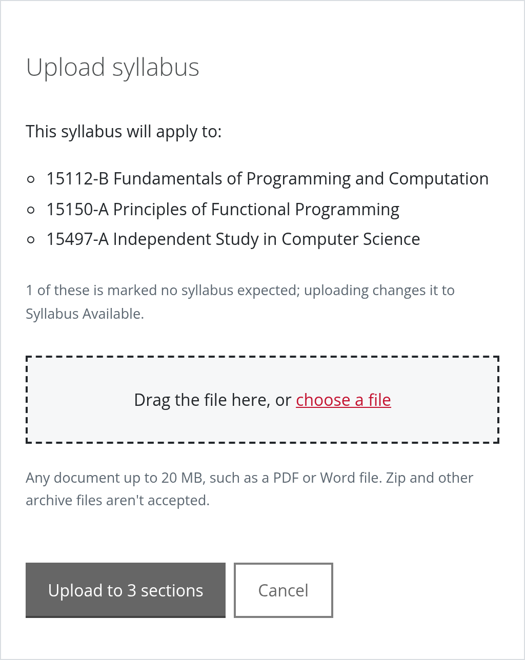 The Upload syllabus box: the three sections it will apply to, a note that one is marked no syllabus expected, a drop zone for the file, and an Upload to 3 sections button.