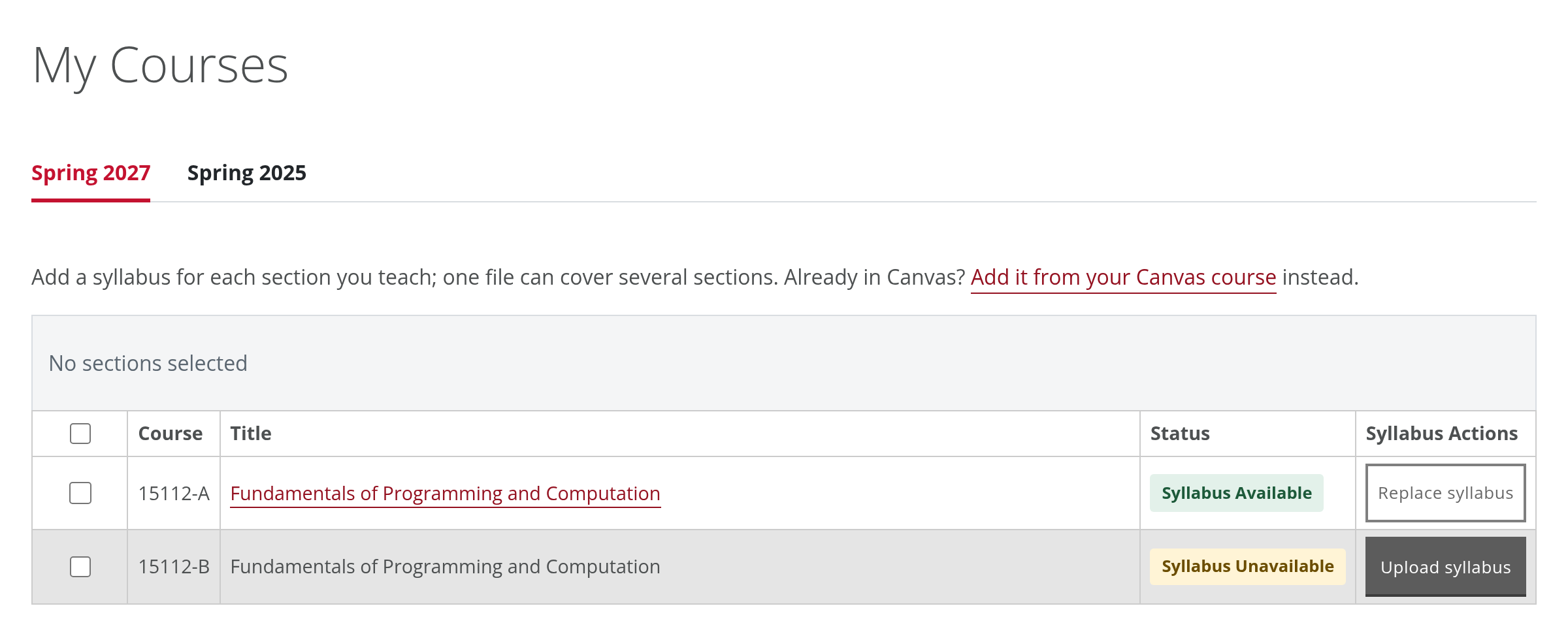 The My Courses page: semester tabs and a table of the instructor's sections, each with its status and an Upload syllabus or Replace syllabus button.