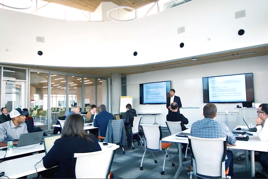 classroom setting with screens and modern tech