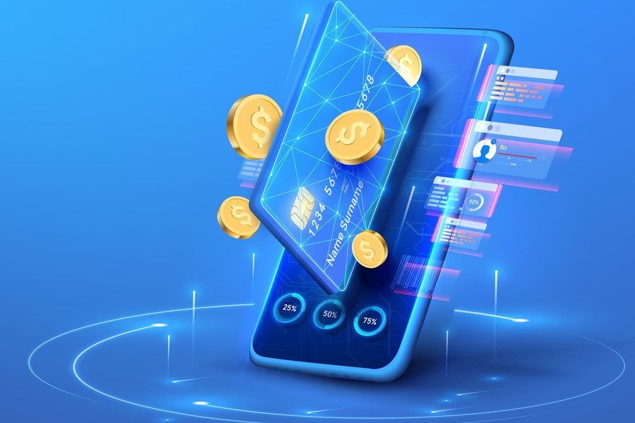 Illustration of a phone with a credit card and bitcoins