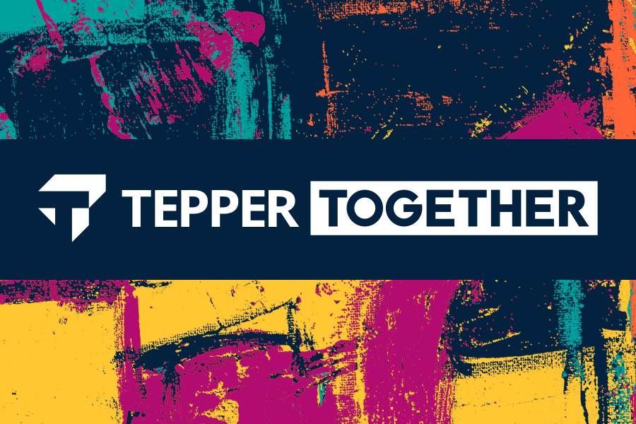 Tepper Together Hispanic Heritage Month logo featuring white text over a brightly colored background of pink, yellow, and blue brushstrokes