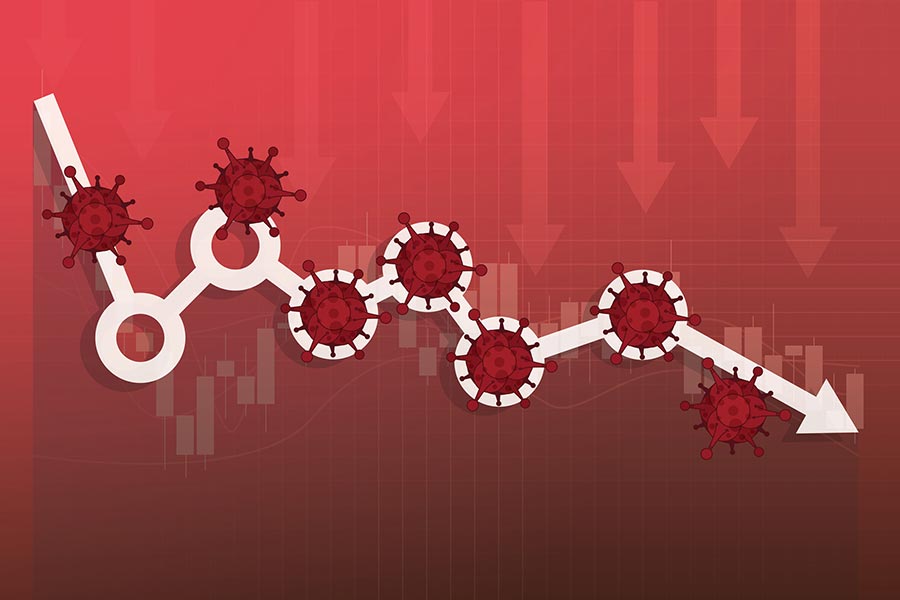 graphic of virus and stockmarket chart