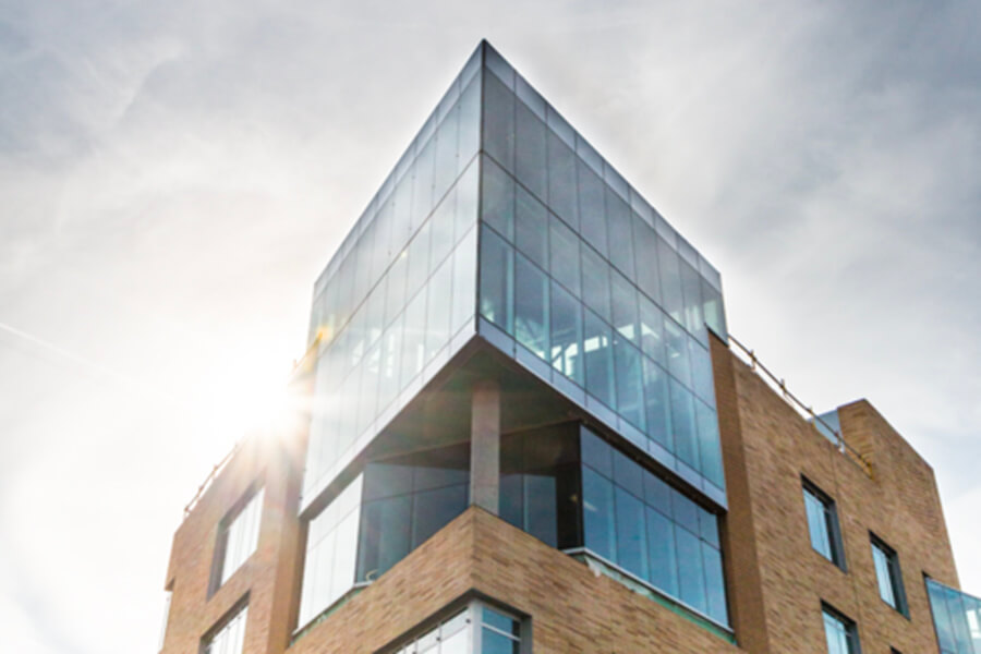 A photo of the top of the new tepper quad building 