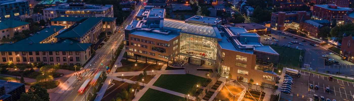 Ariel view of the Tepper Quad at night