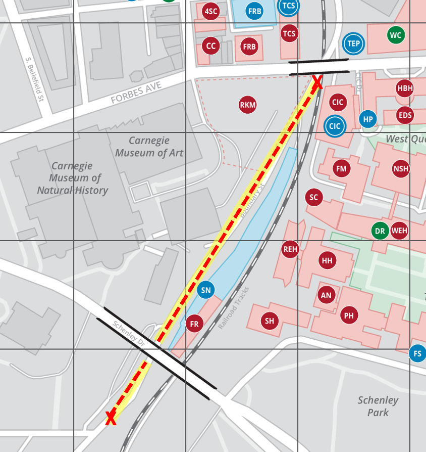 map showing location of Neville St. construction