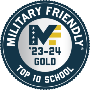 Military Friendly seal, 23-24 gold status, top 10 school