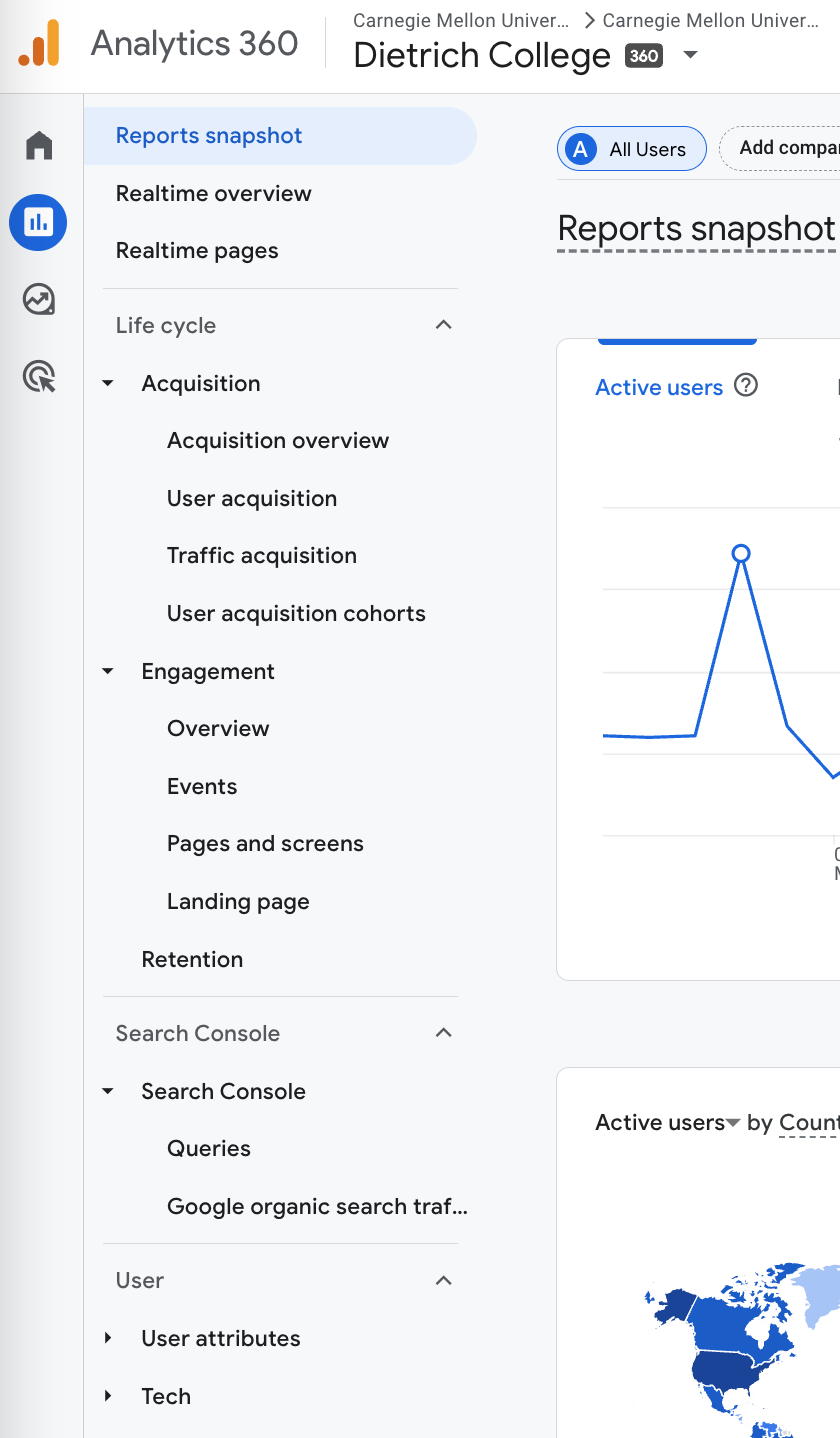 Expanded Reports side menu in Google Analytics