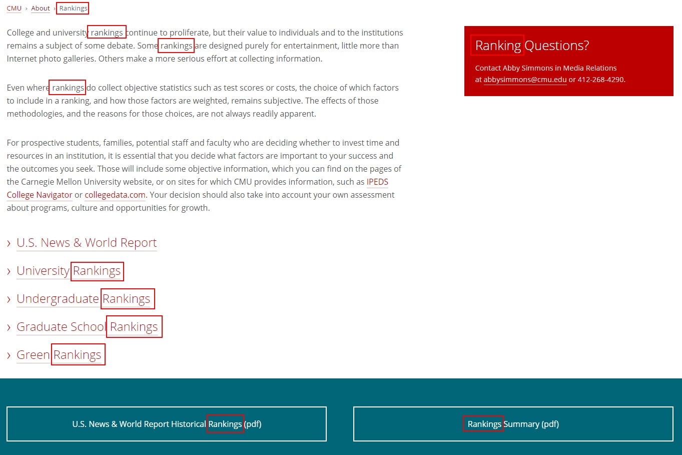CMU's rankings webpage