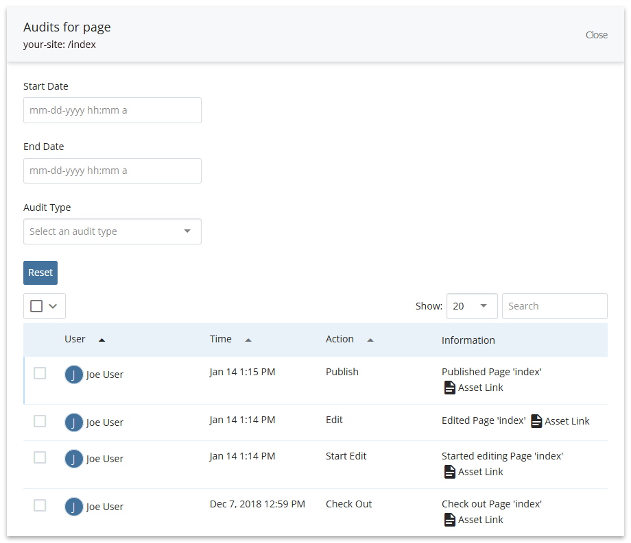 Audit interface in the CMS