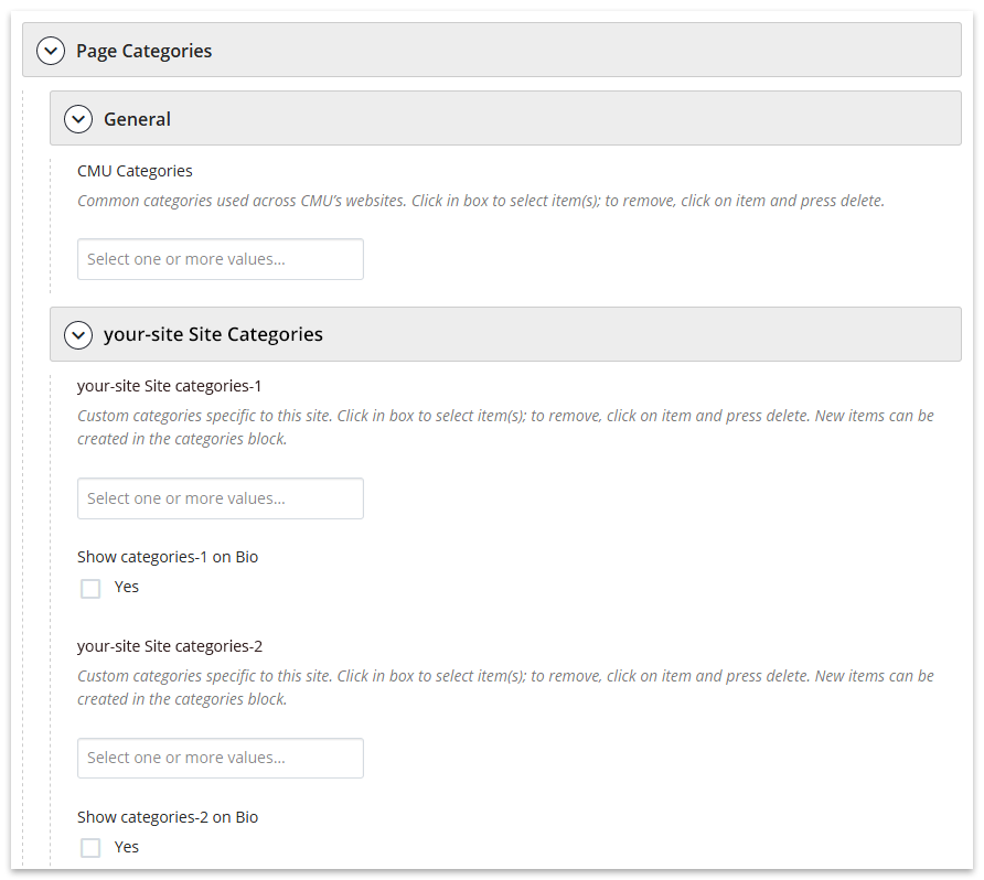 Selecting page categories in the user interface