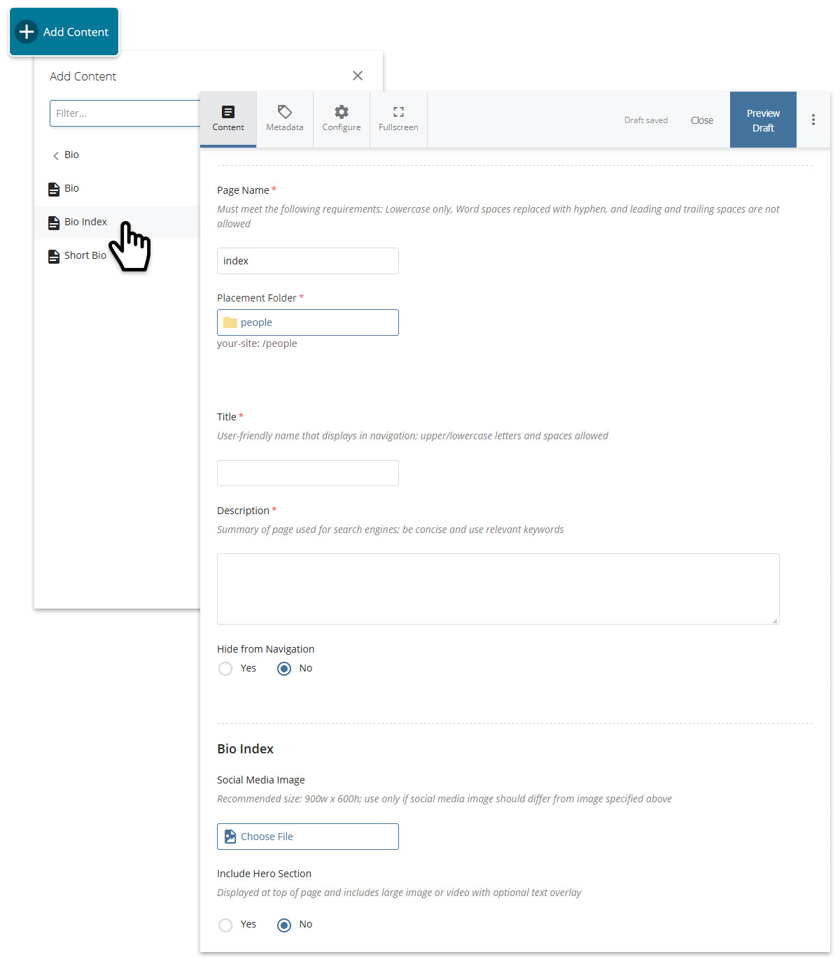 Creating a new bio index page.