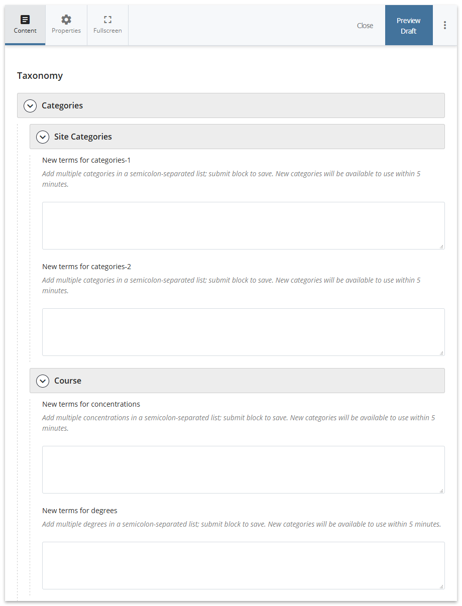 Editing the categories block in the CMS