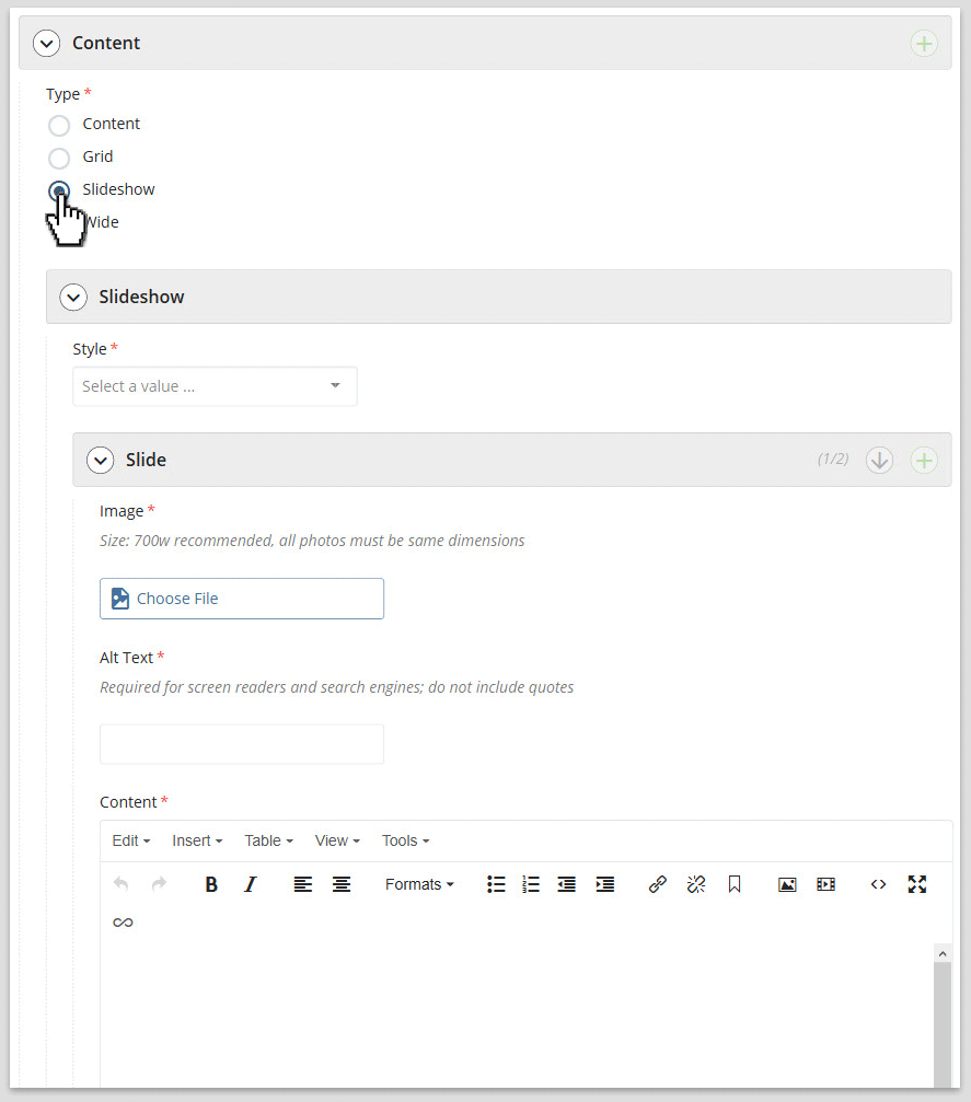 Configuring a content type slideshow in the user interface.