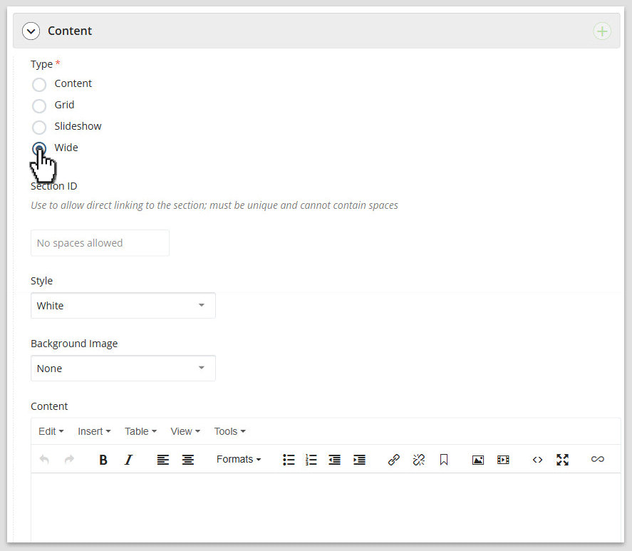 CMS interface of the wide content type.