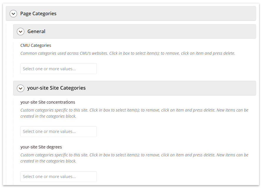 Selecting page categories in the user interface