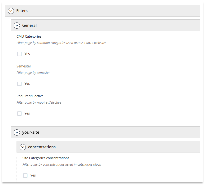 Configuring course index page filters in the user interface.