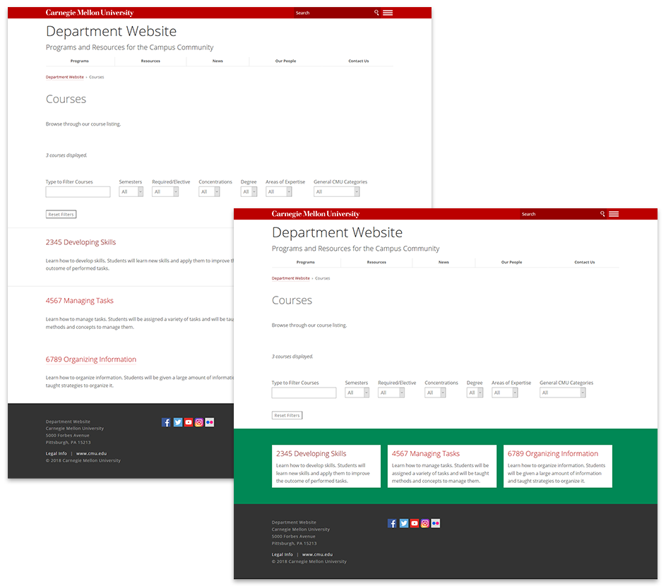 Examples of a course index page with grid and stacked layout types.