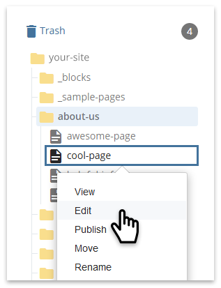 Edit a page using in-context menu