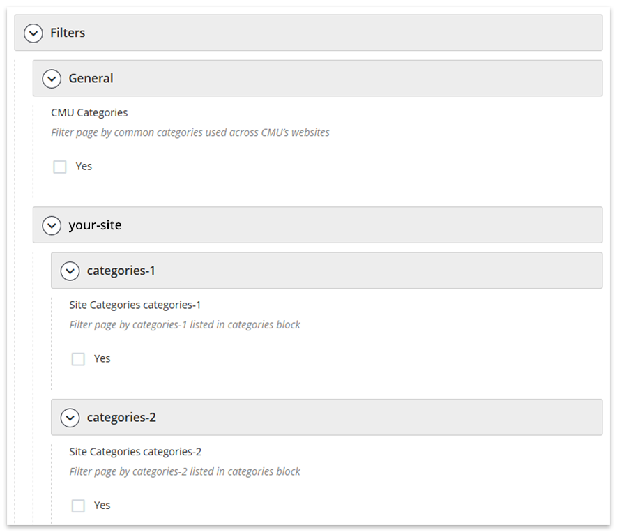 Configuring news index page filters in the user interface.