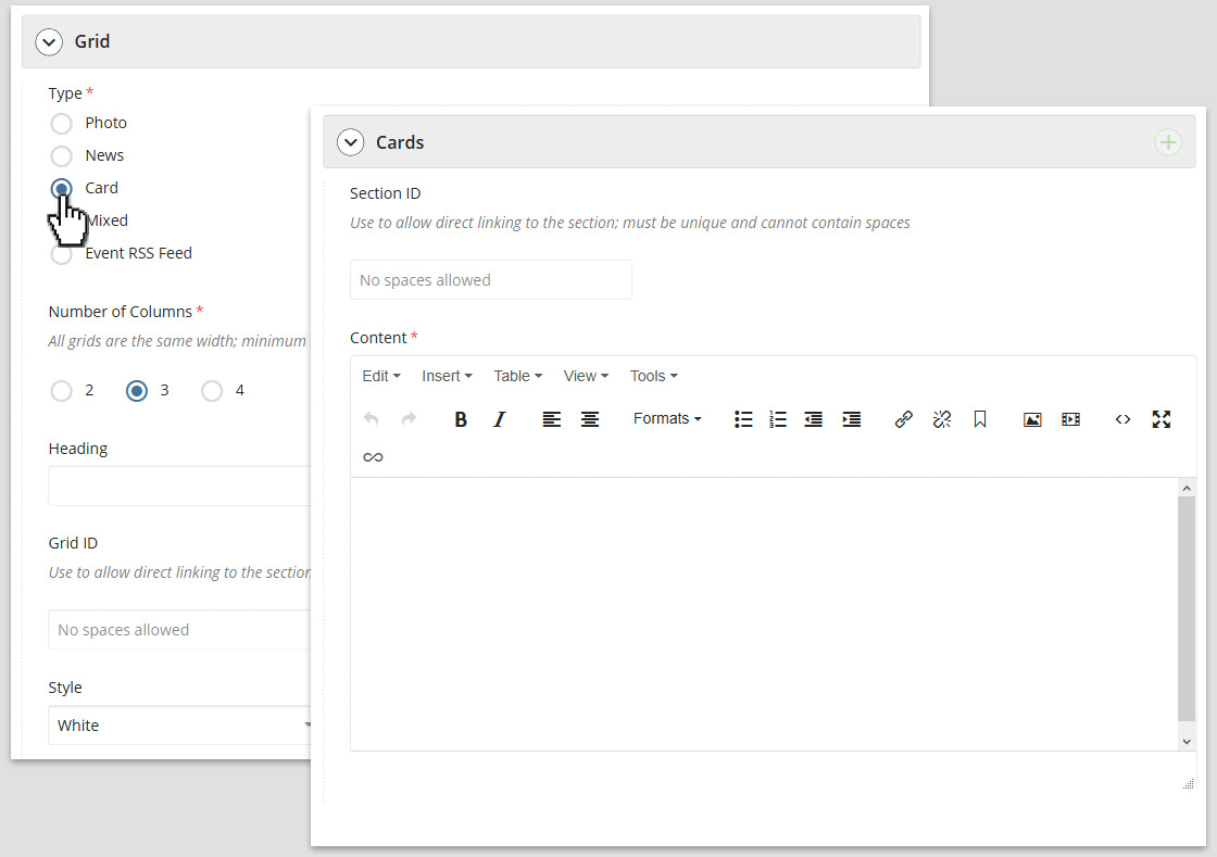 Configuring a card grid in the user interface.