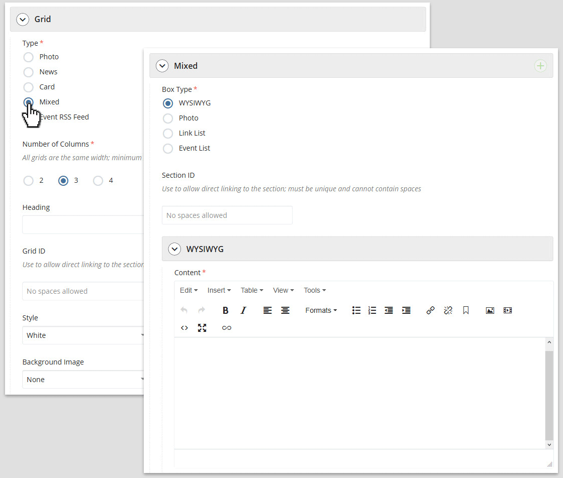 Configuring a mixed grid in the user interface.