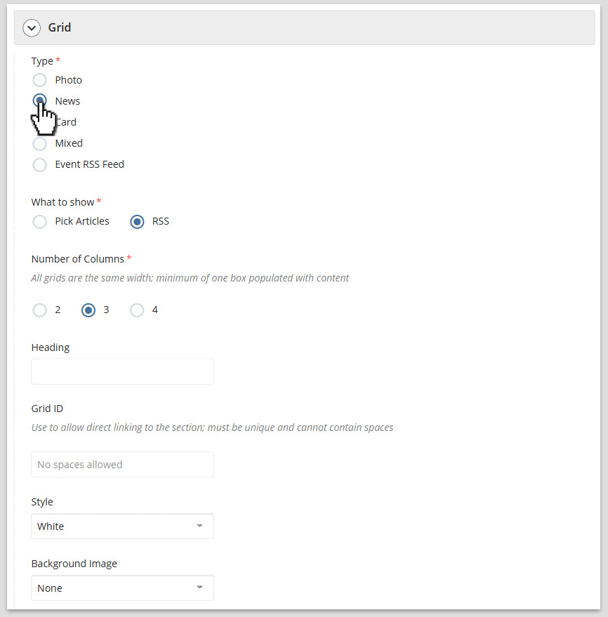 Configuring a news grid in the user interface.