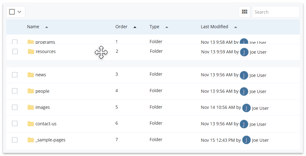 Reordering folders in the CMS user interface