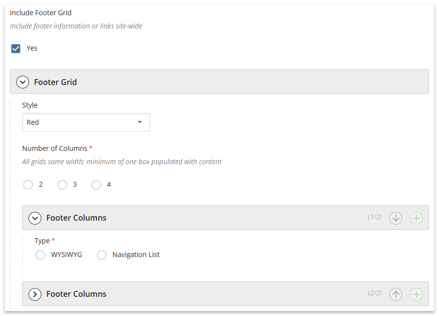 Configuring the footer grid in the setup.