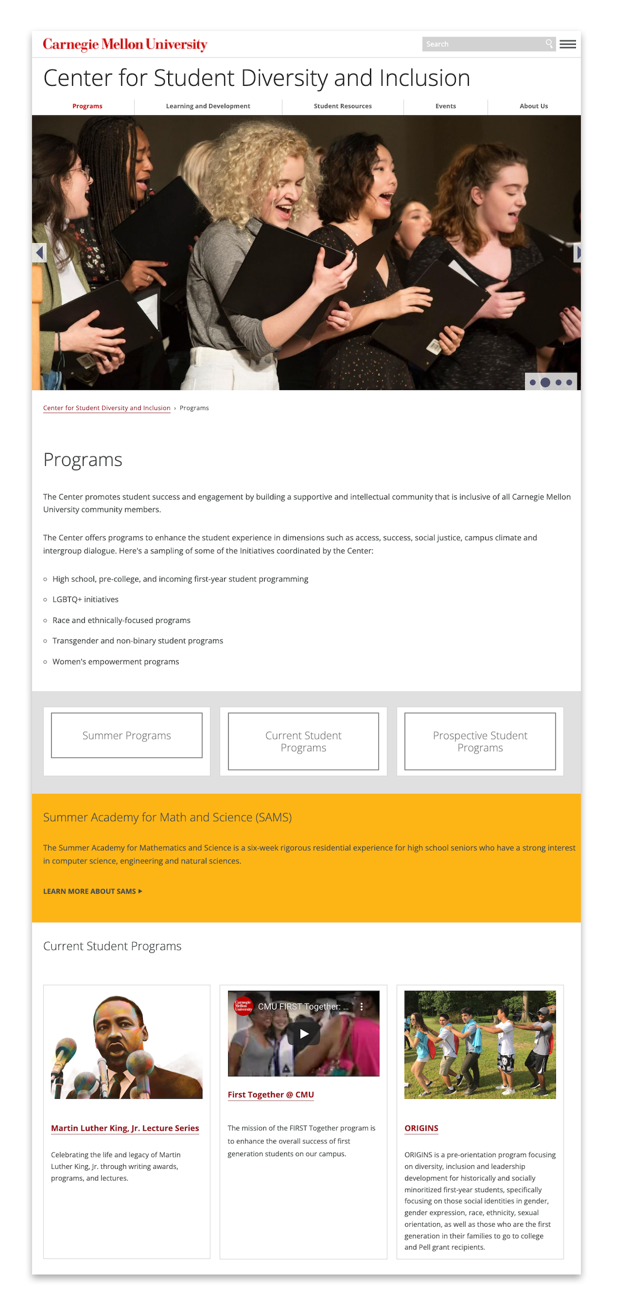 Screenshot of Center for Student Diversity and Inclusion website