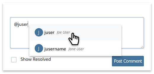Using the @username mention and selecting user from list