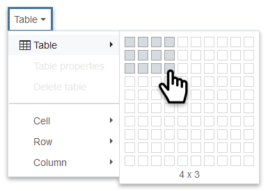 Insert table menu