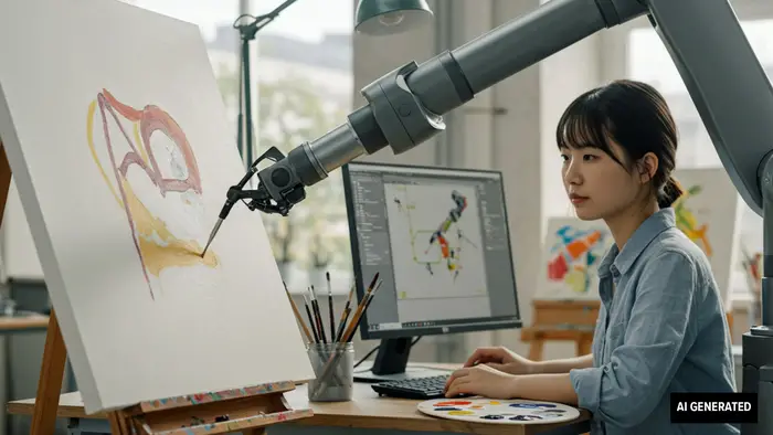 AI generated image of an artist using a computer to control a robotic arm that is painting on a canvas.
