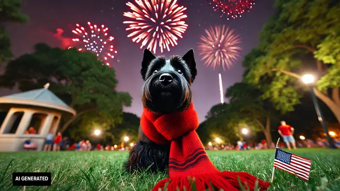 CMU mascot, Scottie, at Fourth of July fireworks.