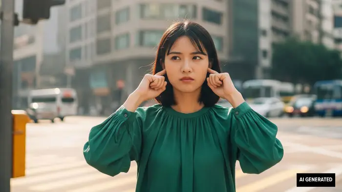 AI-generated image of a woman standing on a city street corner, with her fingers on her ears to quiet the noise.