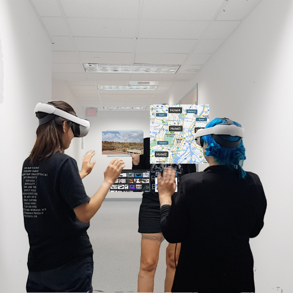 Three ladies wearing VR headsets and using VR technology