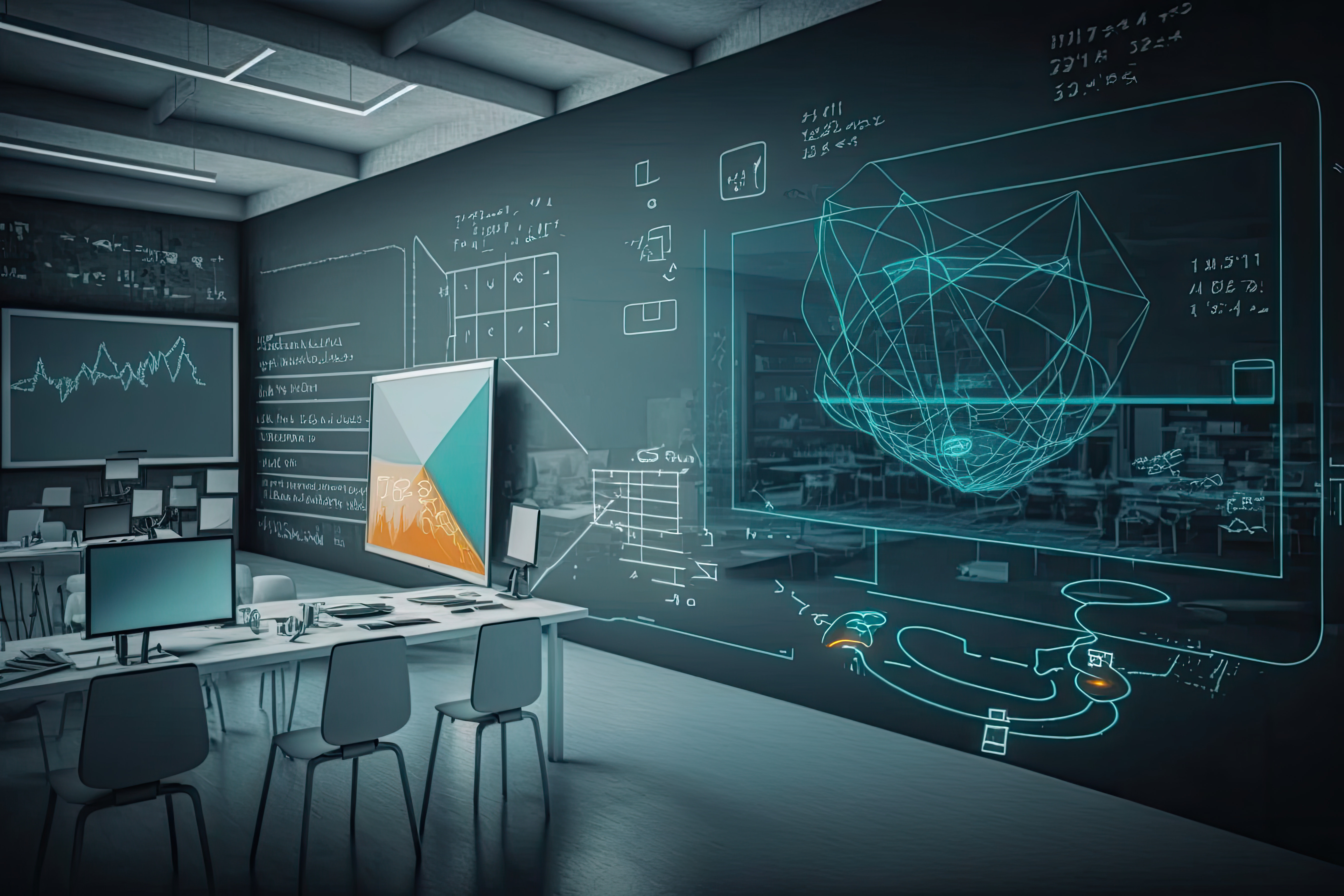 Modern space with a digital illustration of a computer screen on a desk, ready for work.